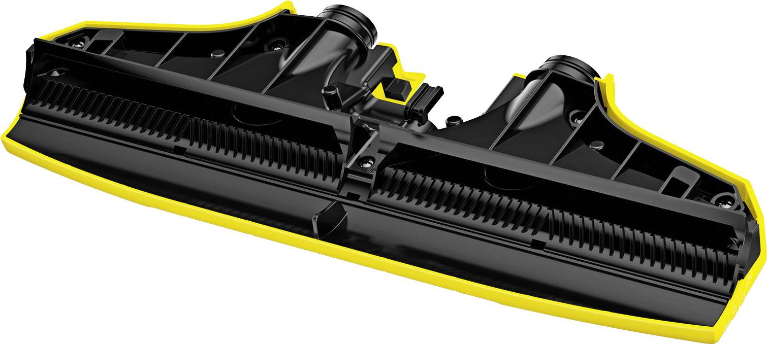 Zubehörteil für Reinigungsgerät in schwarz und gelb mit Bürsten. Wird verwendet zur Bodenreinigung.