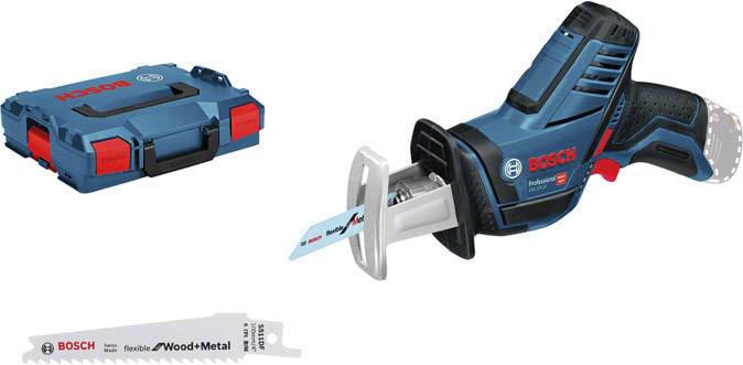 Ein Bosch Akku-Säbelsäge-Set mit blauer Säbelsäge, Aufbewahrungskoffer und Sägeblatt für Holz und Metall.