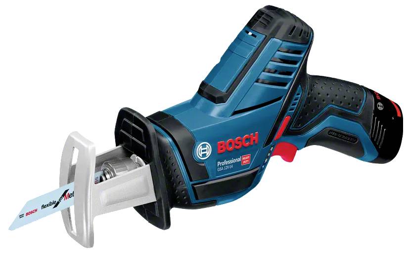 Eine blaue und schwarze Bosch-Elektrowerkzeug mit der Aufschrift 'Professional GST 12V-70' an der Seite, bei dem eine Klinge zum Schneiden sichtbar ist.