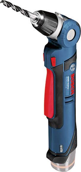 Blaue und rote elektrische Bohrmaschine mit schwarzem Griff und Metallbohrer, in einem diagonalen Winkel abgebildet.