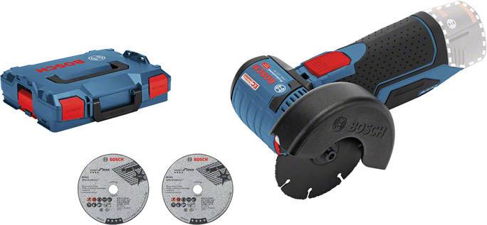 Ein kabelloses Schleifgerät von Bosch mit zwei Schleifscheiben und einem blauen Werkzeugkoffer. Ideal für präzise Schleifarbeiten.