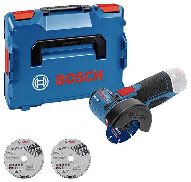 Bosch Akkuwinkelschleifer-Set in blauem Transportkoffer mit zwei Trennscheiben wie unten abgebildet.