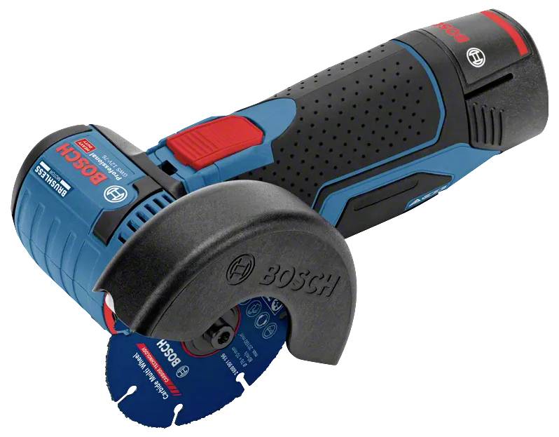 Bosch-Akku-Winkelschleifer mit angebrachter Schneidscheibe, auf weißem Hintergrund dargestellt.