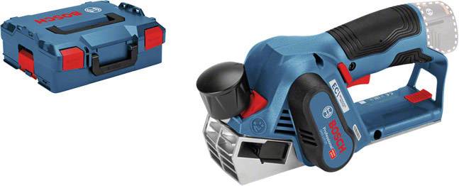 Eine blaue Bosch-Handhobelmaschine mit rotem Detail liegt neben einem dazugehörigen blauen Transportkoffer.