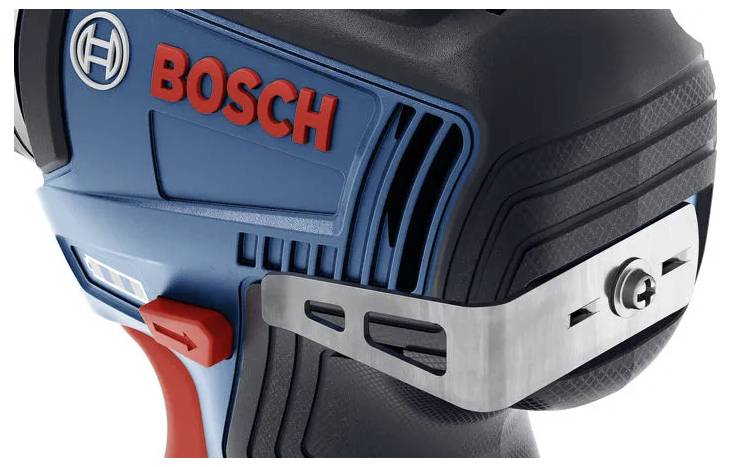 Nahaufnahme eines kabellosen Elektrowerkzeugs von Bosch mit blau-schwarzem Gehäuse, roten Akzenten und sichtbarem Metallblatt/Befestigungssockel.
