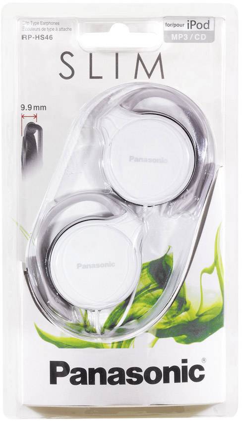 Verpackung eines Panasonic-Kopfhörers, Modell RP-HS46, in Weiß. Beschriftungen: 'SLIM', geeignet für 'iPod', 'MP3/CD'.