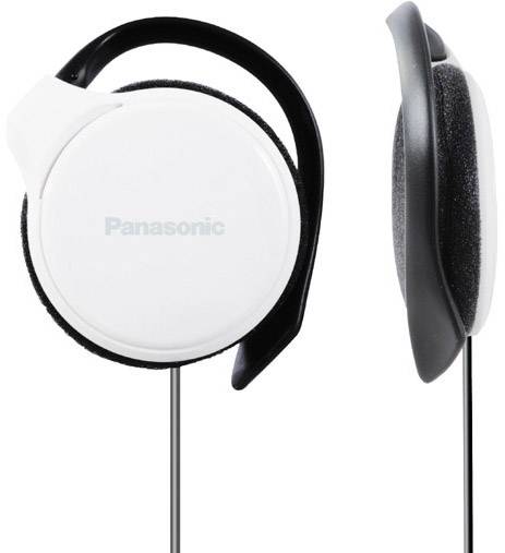 Weiße Panasonic-Kopfhörer mit Ohrbügeln, seitlich und von vorne gezeigt.