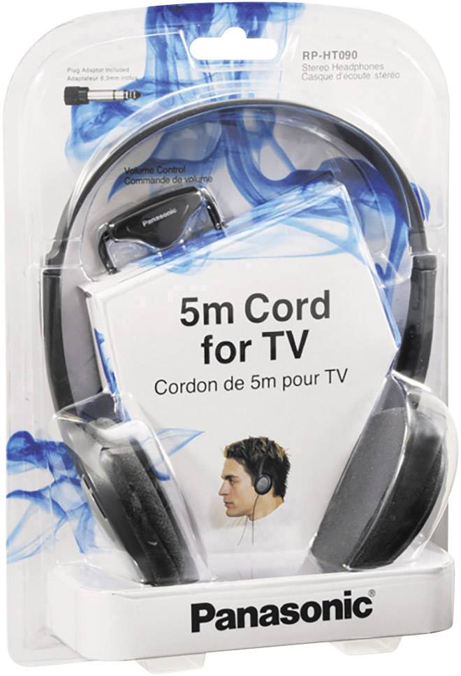 'Panasonic RP-HT090' Kopfhörer für TV, 5 m Kabel, Schwarz. Verpackung zeigt Kopfhörer mit Kabel und ein Foto einer Person mit Kopfhörern.