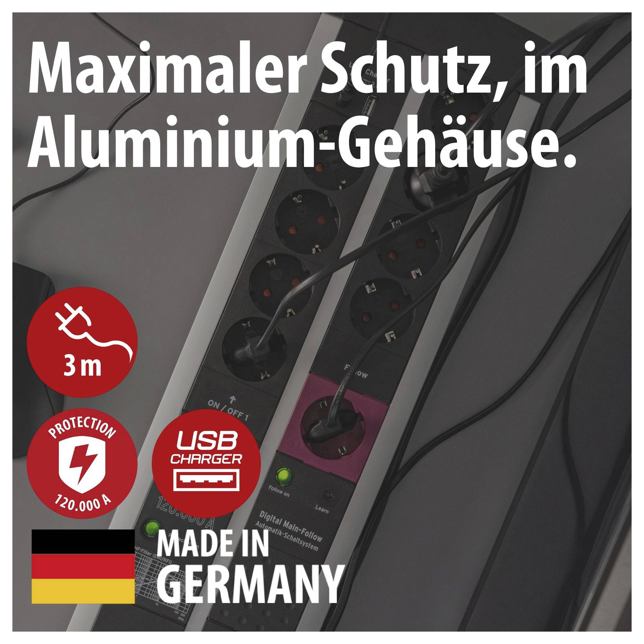 Werbegrafik einer Steckdosenleiste im Aluminiumgehäuse mit Text 'Maximaler Schutz, im Aluminium-Gehäuse.', '3 m', 'USB Charger' und 'Made in Germany'.