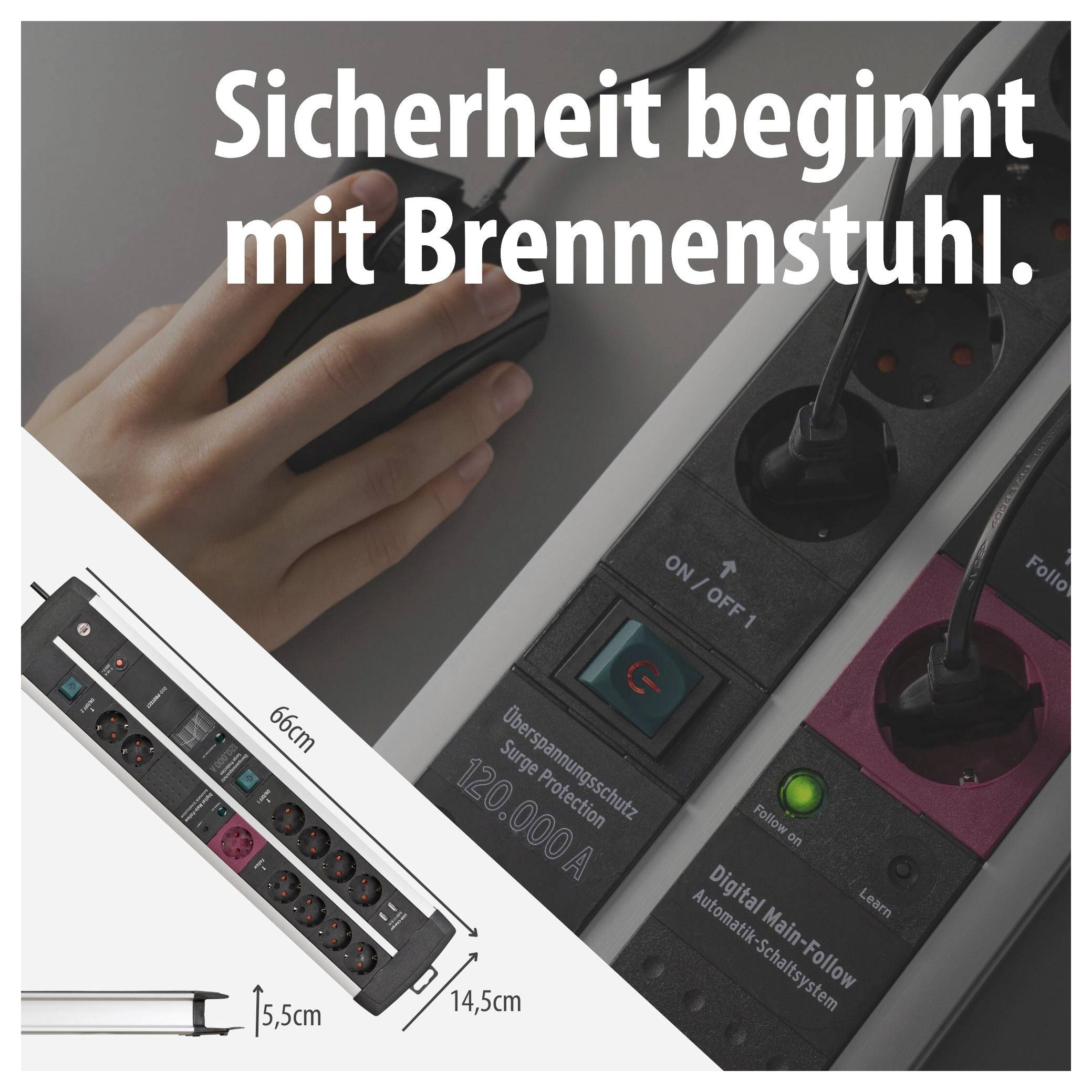 Werbung für Brennenstuhl-Steckdosenleiste mit Überspannungsschutz; Text 'Sicherheit beginnt mit Brennenstuhl.' und Produktmaße 66 cm, 14,5 cm, 5,5 cm.