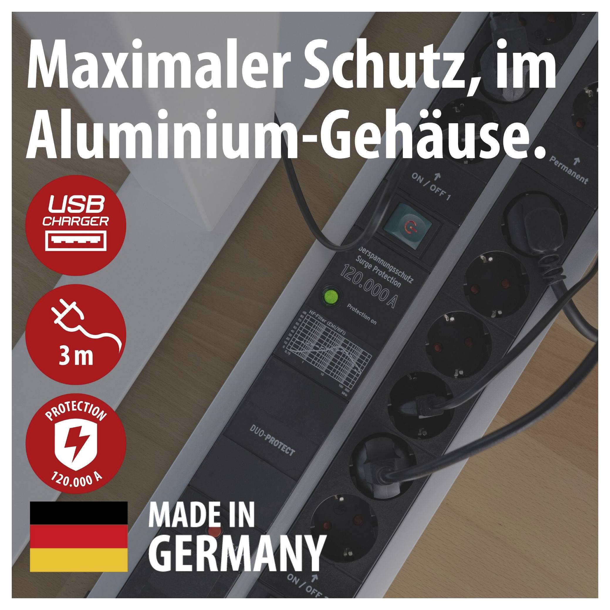 Werbung für eine Aluminium-Steckdosenleiste mit USB-Ladegerät, 3 m Kabel und Überspannungsschutz; Text: 'Maximaler Schutz, im Aluminium-Gehäuse.' und 'Made in Germany'.