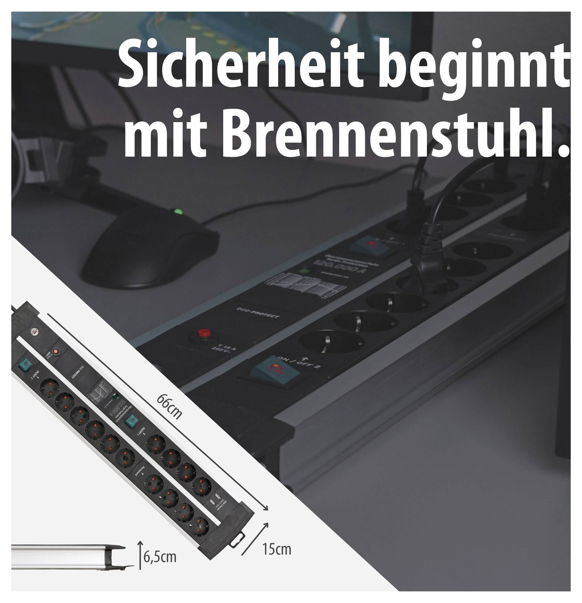 Bewerbung eines Brennenstuhl-Steckdosenblocks auf dem Schreibtisch mit dem Text 'Sicherheit beginnt mit Brennenstuhl.' und Maßangaben 66 cm, 15 cm und 6,5 cm.