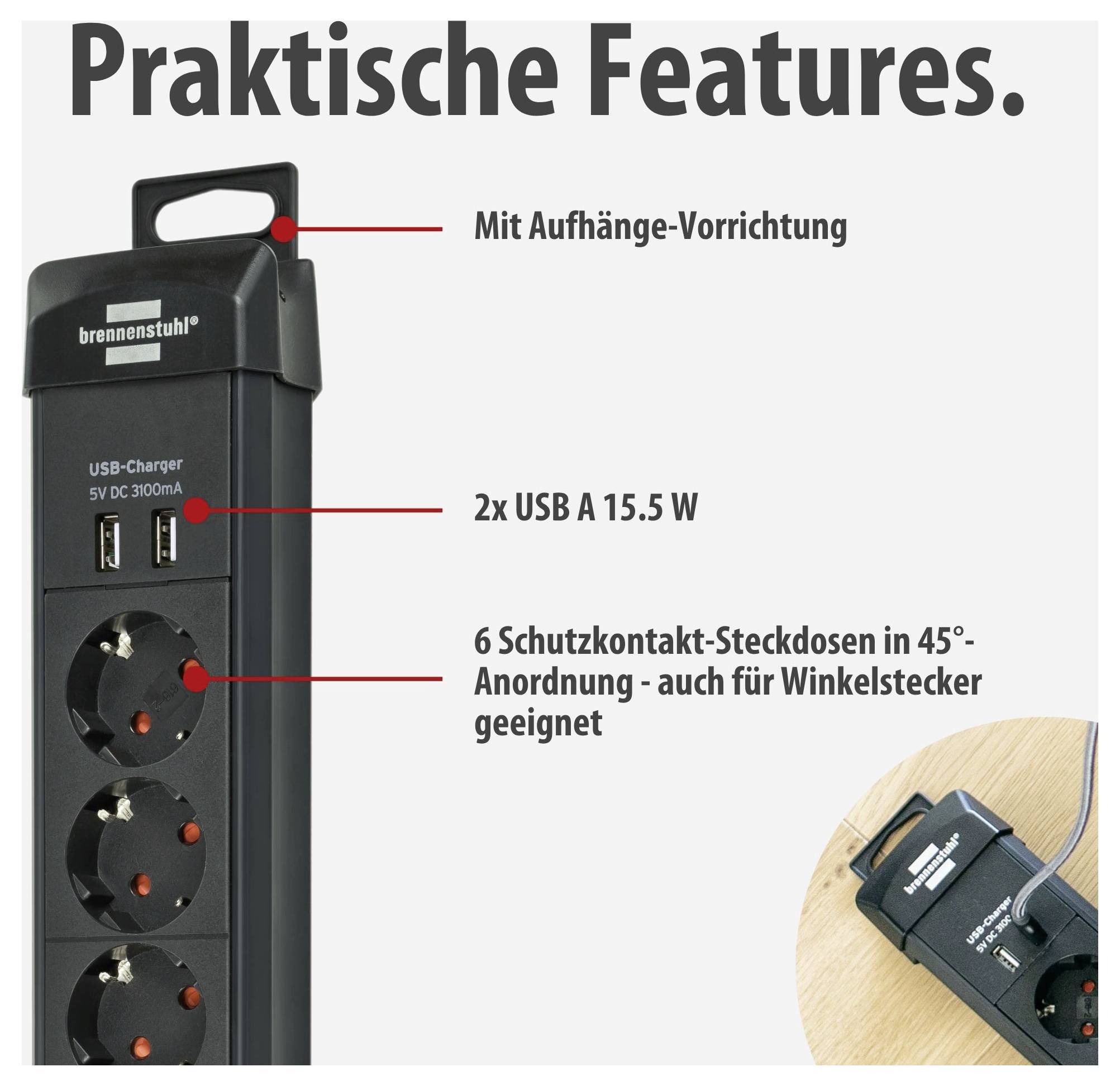 Produktabbildung einer Steckdosenleiste von 'brennenstuhl' mit Überschrift 'Praktische Features': Tragegriff, 2 USB-A-Anschlüsse, 6 Schutzkontakt-Steckdosen in 45°-Anordnung