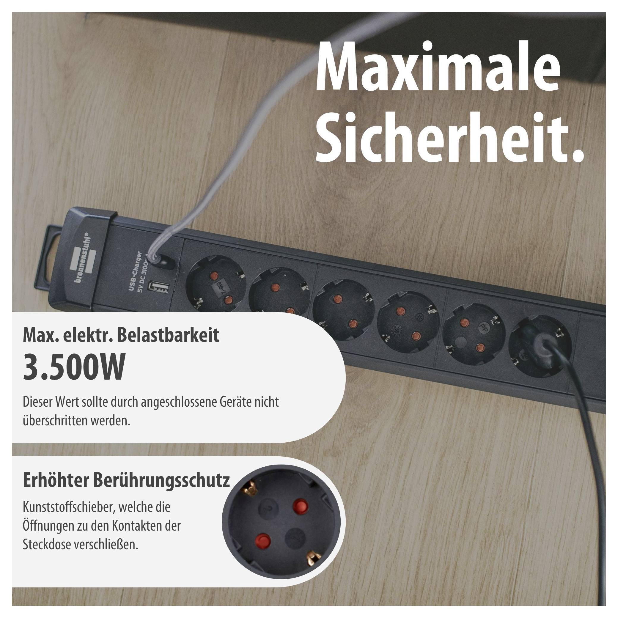 Steckdosenleiste mit Text 'Maximale Sicherheit' und Hinweisen zur max. elektrischen Belastbarkeit von 3.500 W sowie erhöhtem Berührungsschutz.