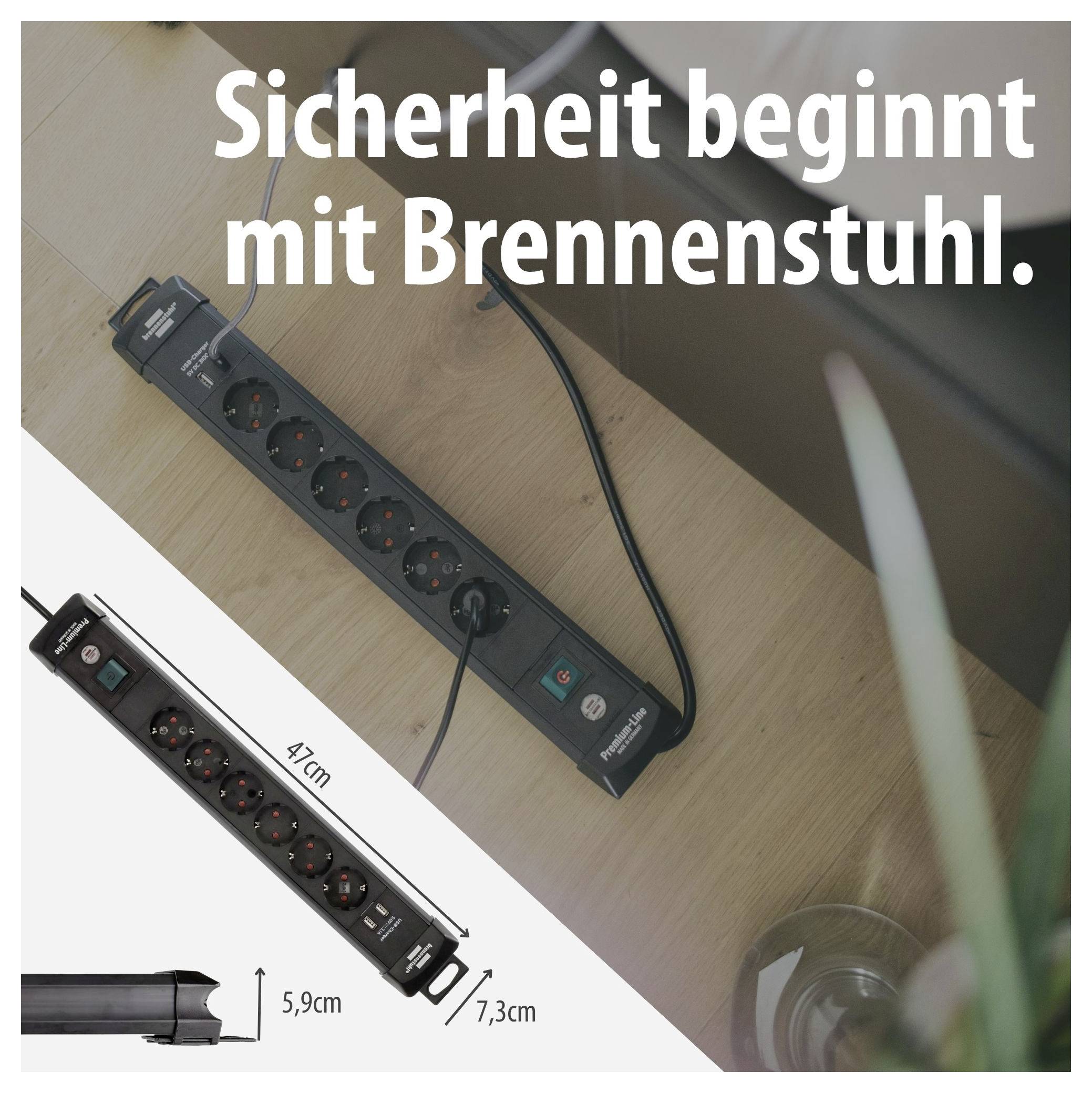 Werbebild einer schwarzen Steckdosenleiste von Brennenstuhl mit Text 'Sicherheit beginnt mit Brennenstuhl.' sowie Maßangaben 47 cm, 5,9 cm und 7,3 cm.