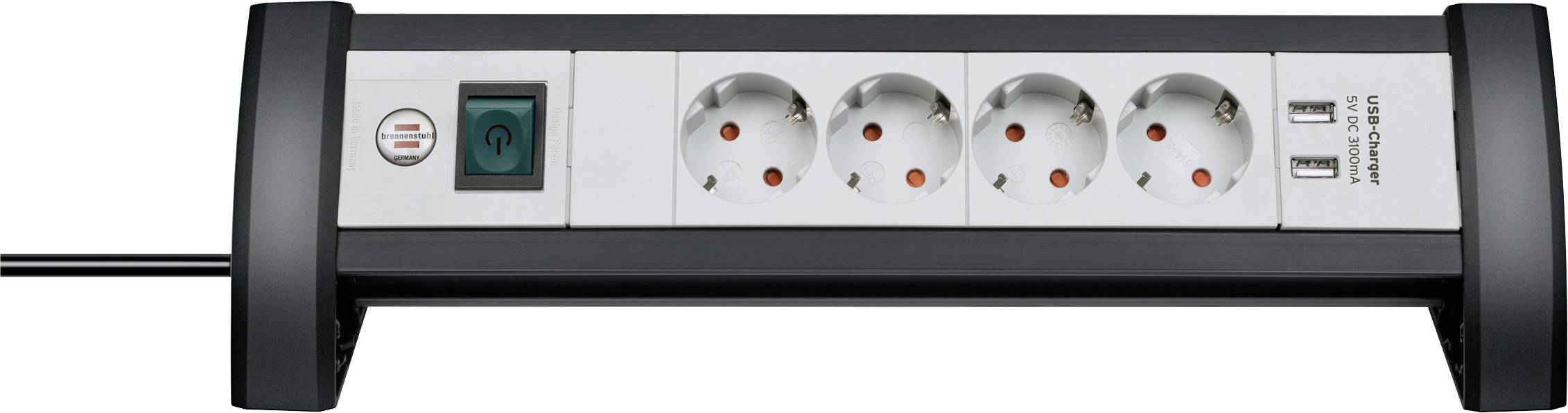 Silbernes Desktop-Stromverteilersystem mit vier europäischen Steckdosen, zwei USB-Anschlüssen und einem Stromschalter, gezeigt in einem schwarzen Gehäuse mit angeschlossenem Kabel.