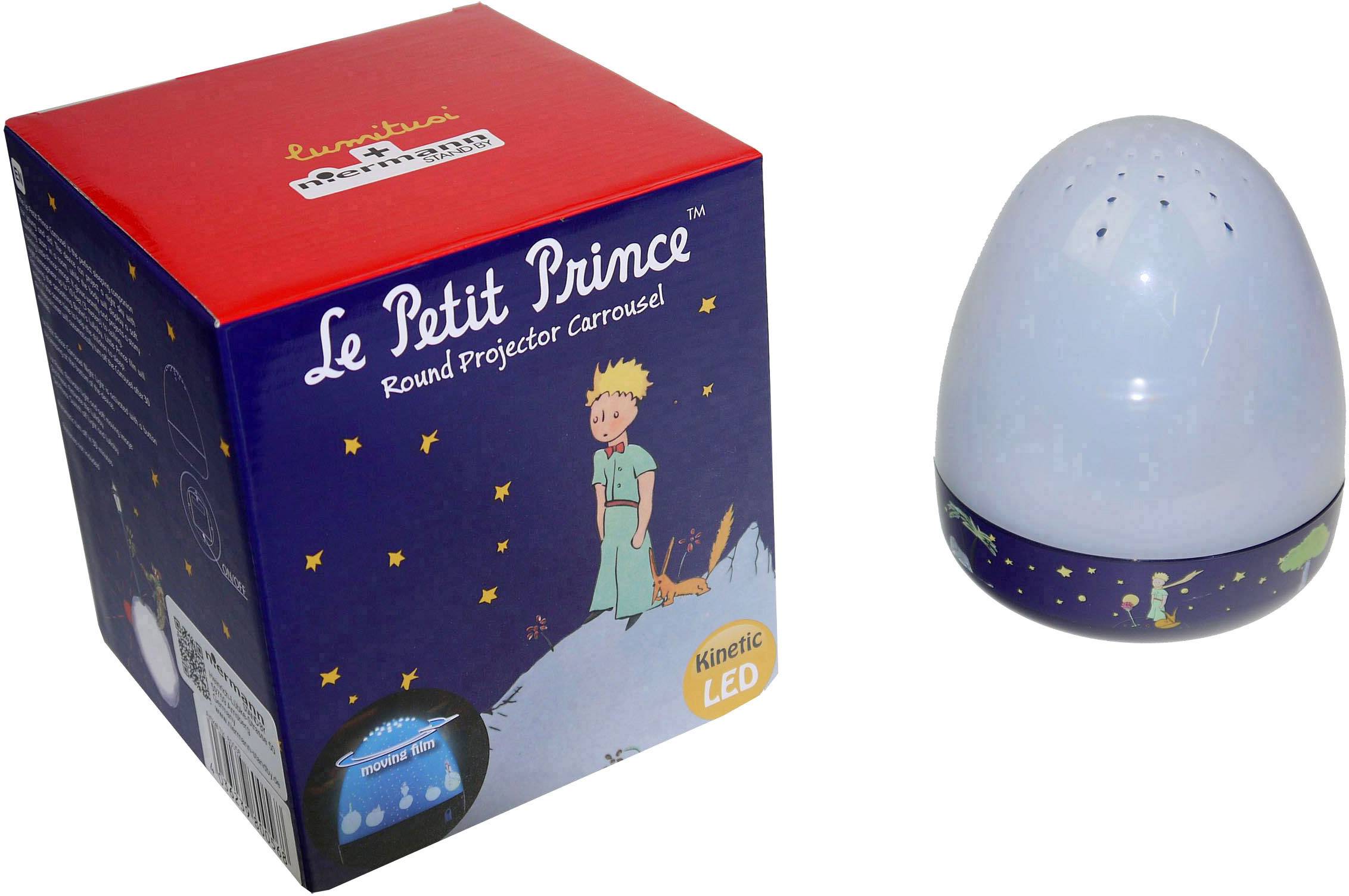 'Ei-förmiger Projektor mit Le Petit Prince Motiv. Verpackung mit ähnlichem Design zeigt den Titel und die Aufschrift 