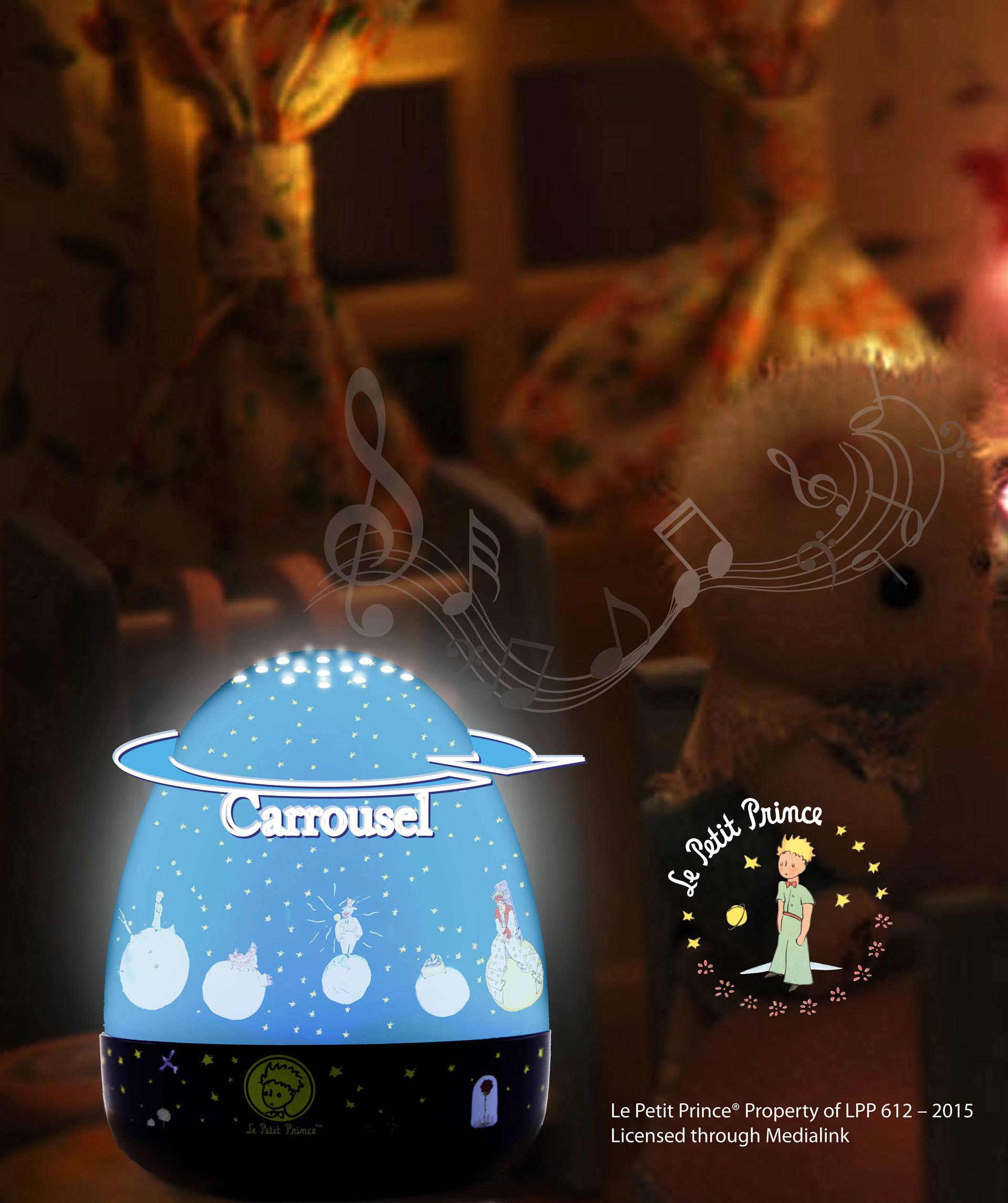 Nachtlicht in Form eines Ovals, zeigt Motive von 'Le Petit Prince'. Es beleuchtet eine dunkle Umgebung gemütlich mit Musiknoten im Hintergrund.