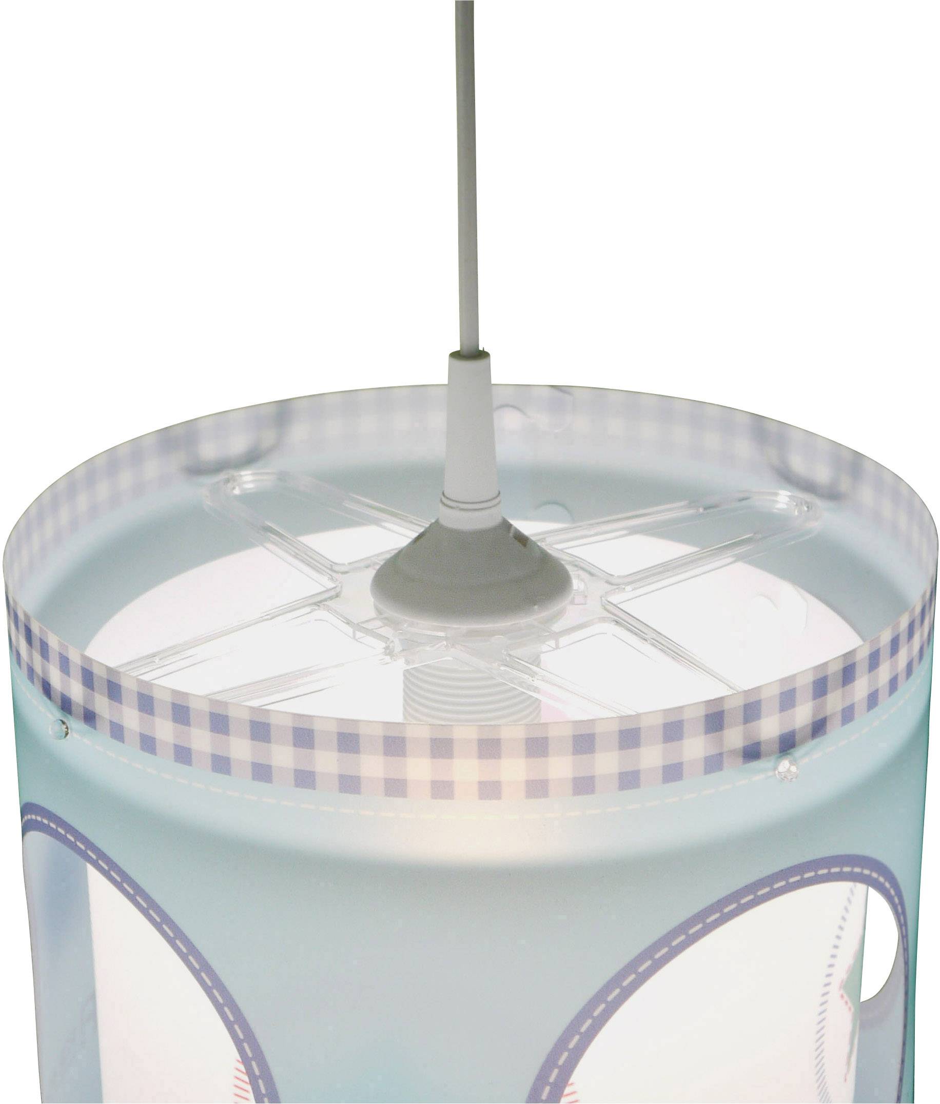 Eine zylinderförmige Deckenleuchte mit kariertem Rand, die von oben betrachtet wird.