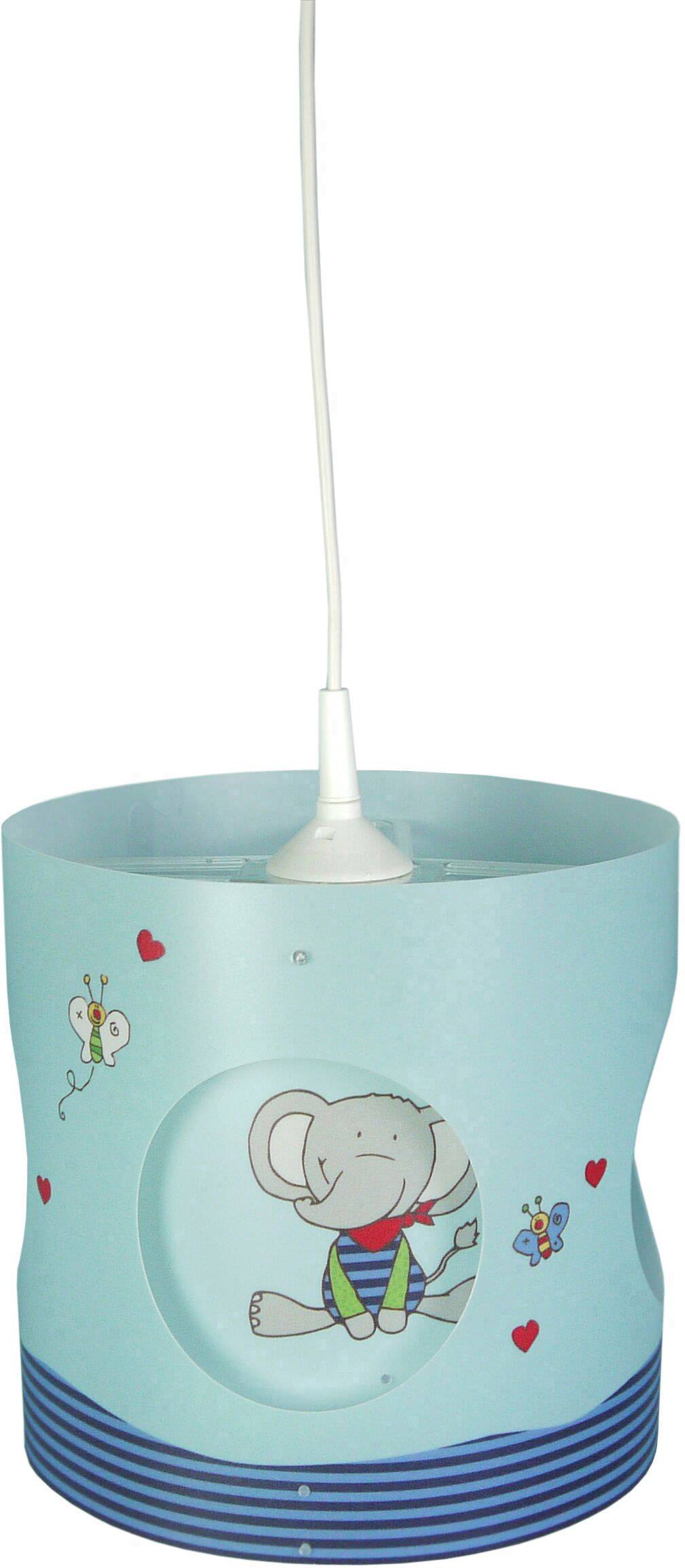 Blaue Kinderzimmerlampe mit Elefantenmotiv und Schmetterlingen, rote Herzen als Dekoration. Ideal für kindliche Raumgestaltung.