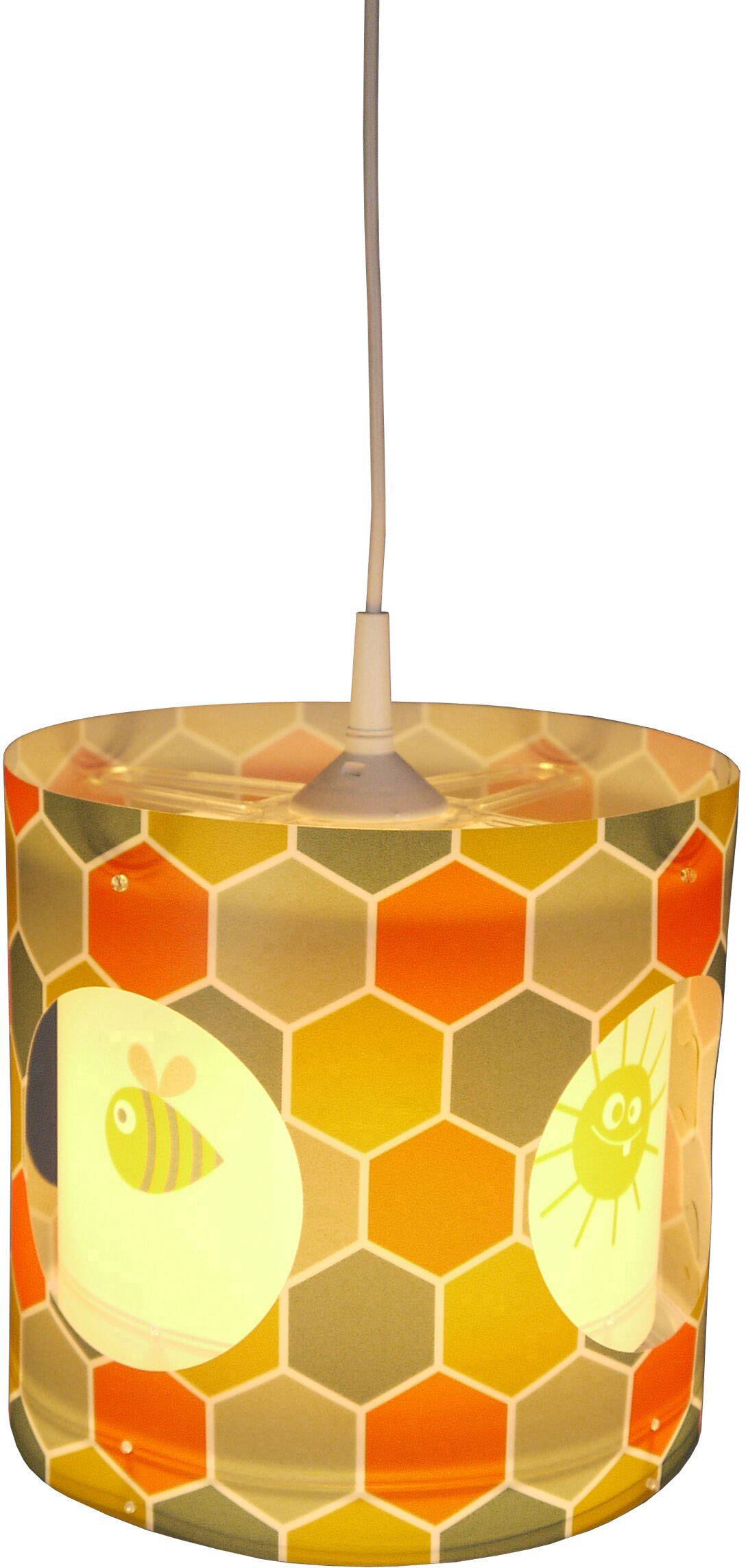 Orange-gelbe Hängelampe mit Wabenmuster und Abbildungen einer Biene und eines lachenden Gesichts, beleuchtet von innen.
