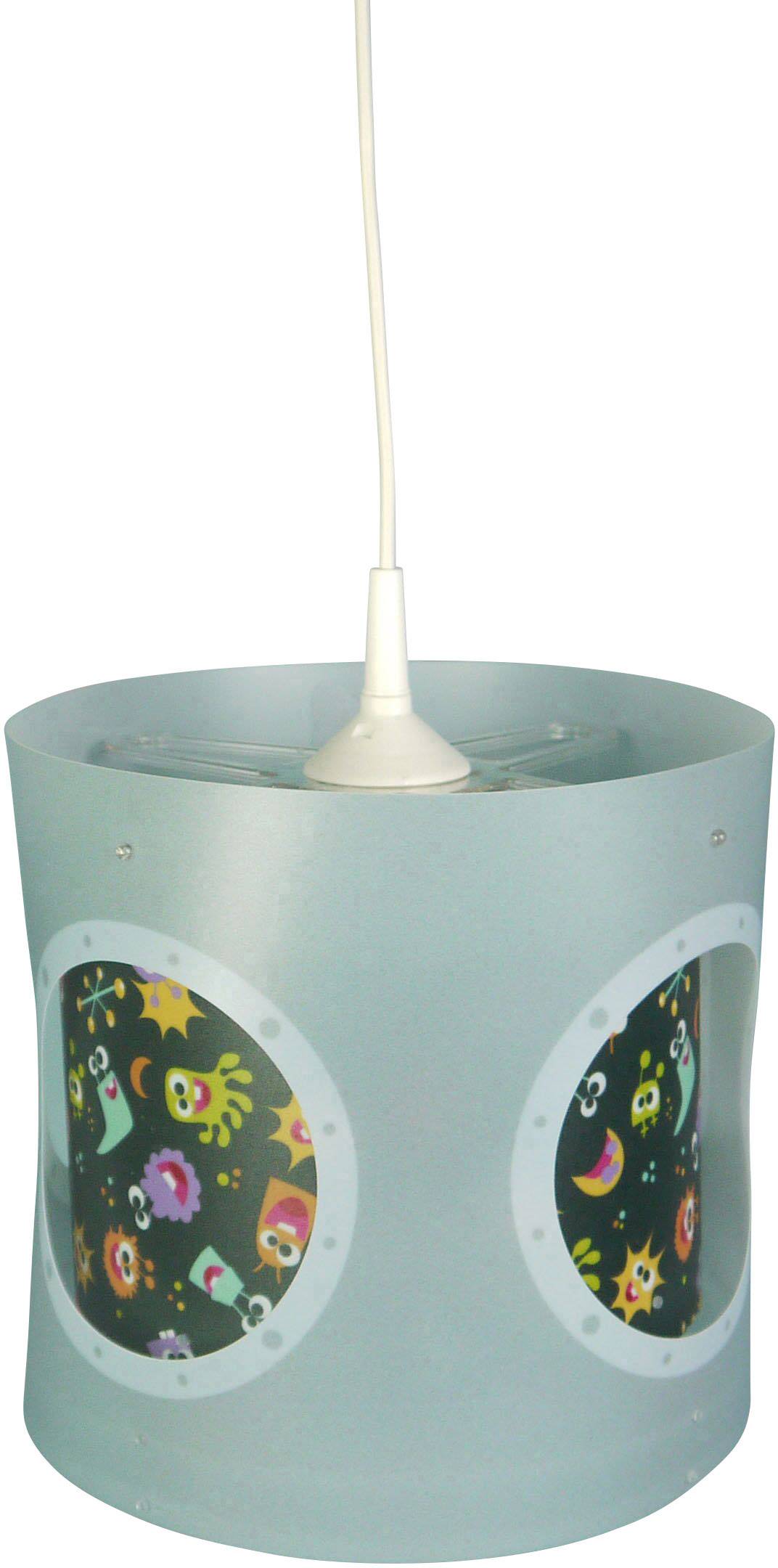 Hängelampe mit blauer Ummantelung. Aufdruck zeigt bunte, cartoonhafte Figuren hinter Bullaugen. Lampenschirm an weißem Kabel.