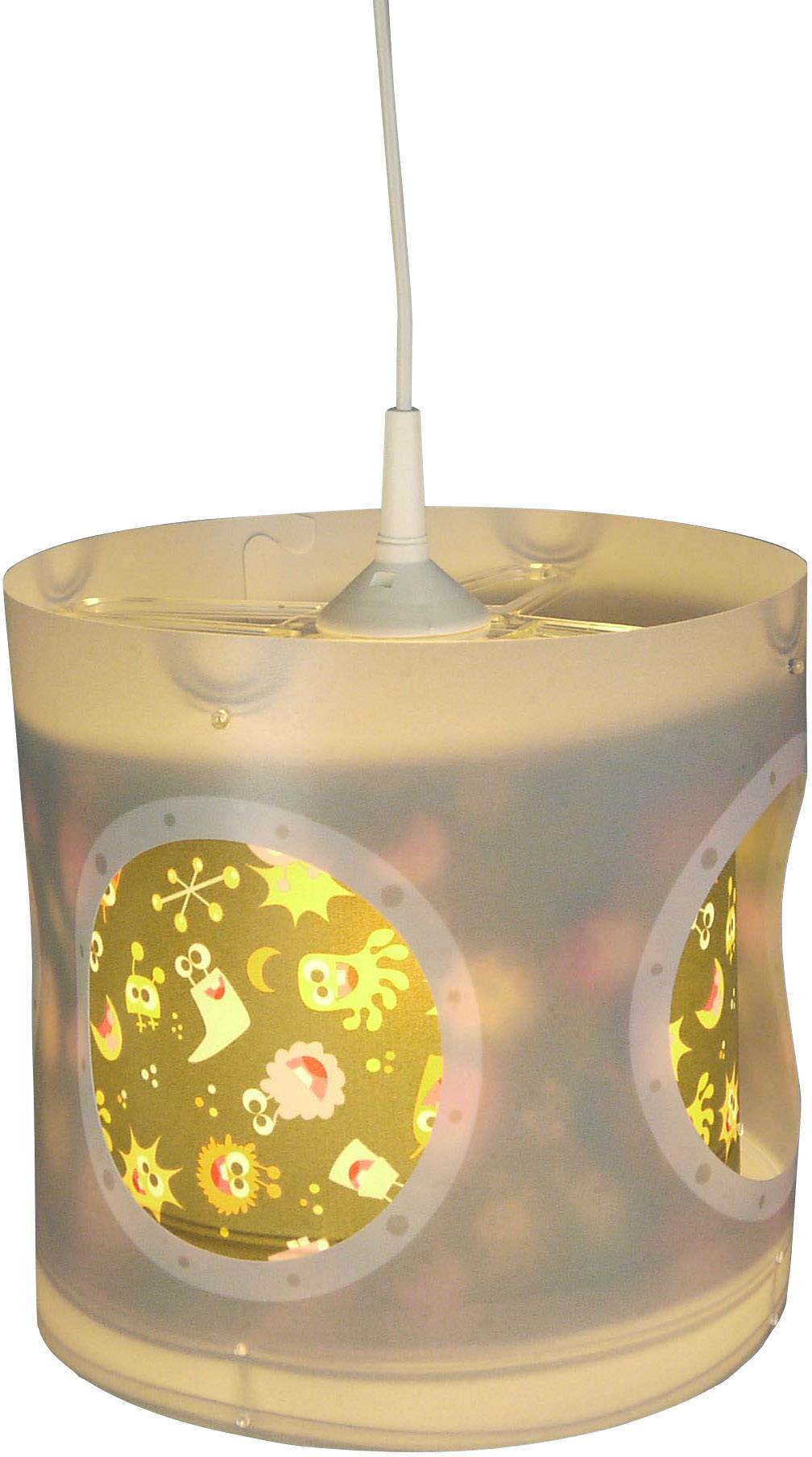 Hängelampe mit buntem Tiermotiv, zeigt Figuren wie Fische und Delfine auf gelbem Hintergrund; geeignet für Kinderzimmer.