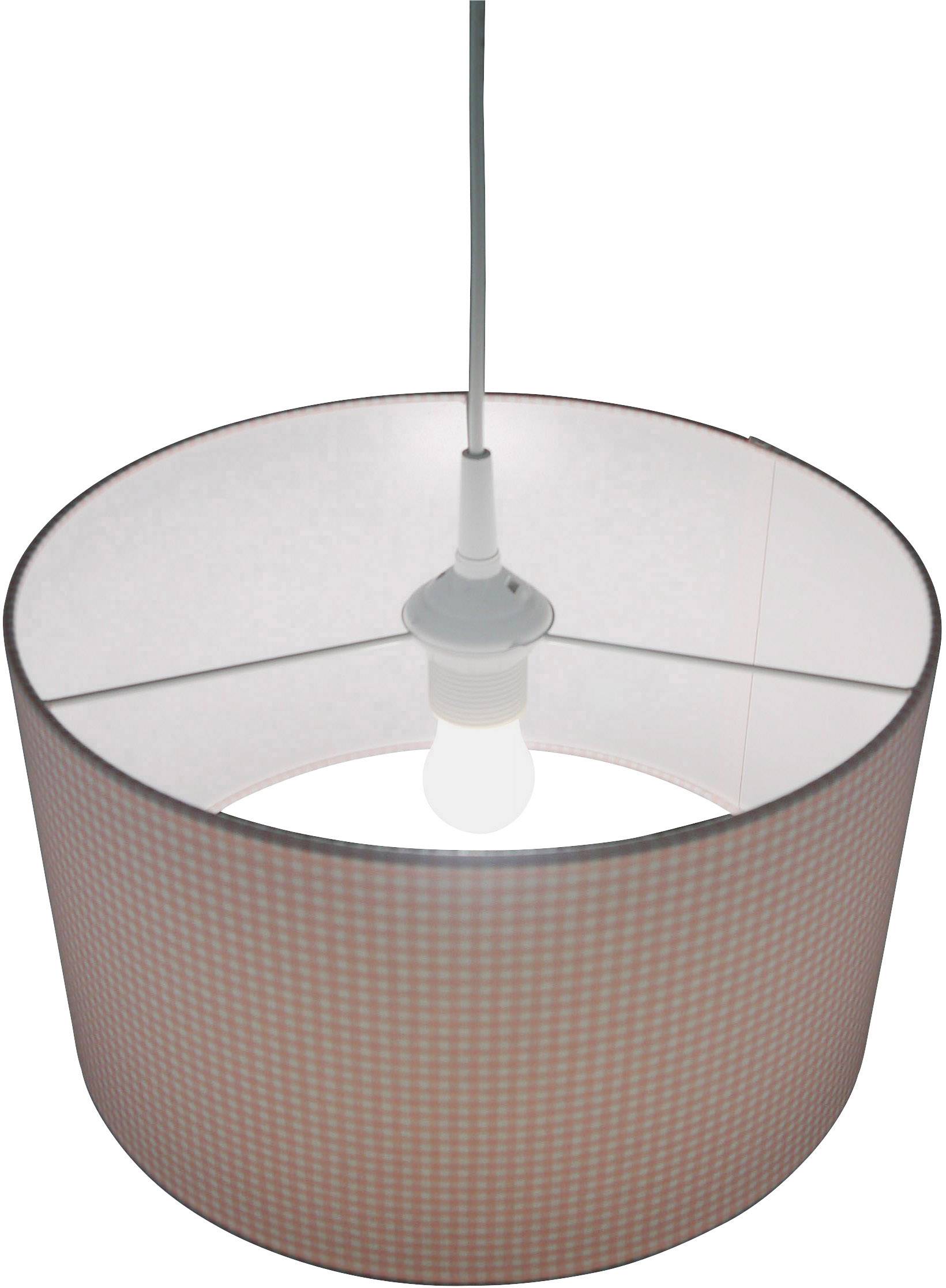Eine hängende Pendelleuchte mit einem runden, karierten Lampenschirm und einer sichtbaren Glühbirne in der Mitte.