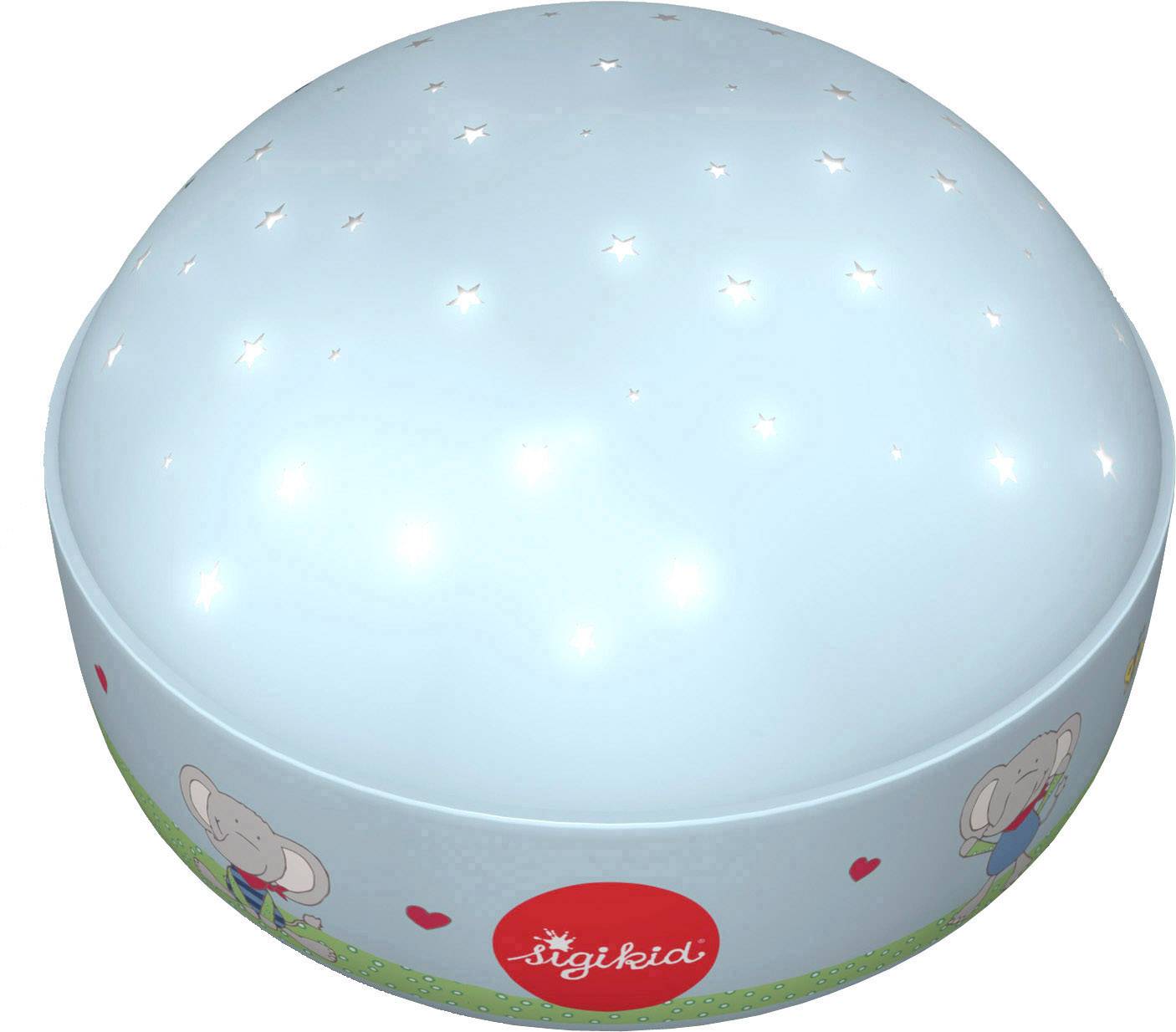 Blaue Nachtlampe in Kuppelform mit weißen Punkten und Elefantenmotiven auf der Seite, projiziert Sterne an die Decke.