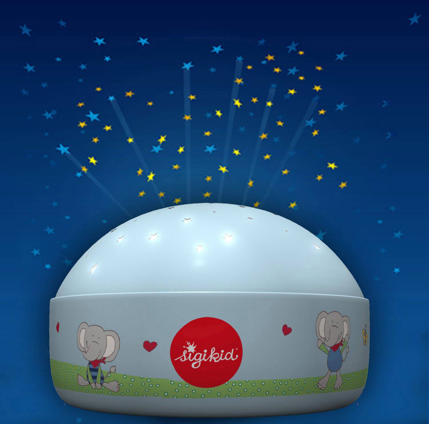 Ein Nachtlicht in Form einer Halbkugel projiziert gelbe Sterne an die Decke. Es hat ein Elefanten- und Herzmotiv.