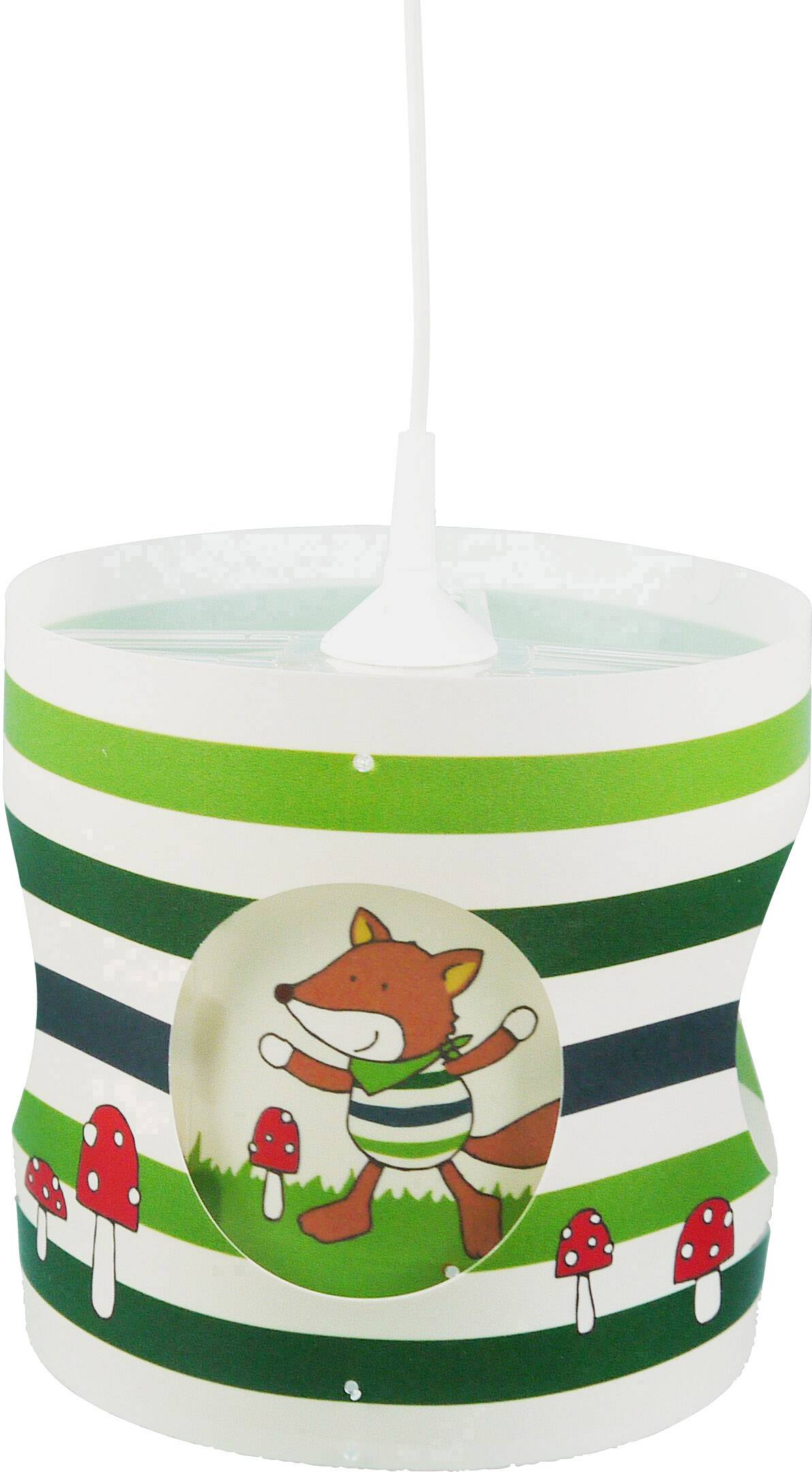 Bunte Kinderzimmerlampe mit Fuchsmotiv in Streifenmuster; zeigt fröhlichen Fuchs und rote Pilze, ideal für kinderfreundliche Einrichtung.