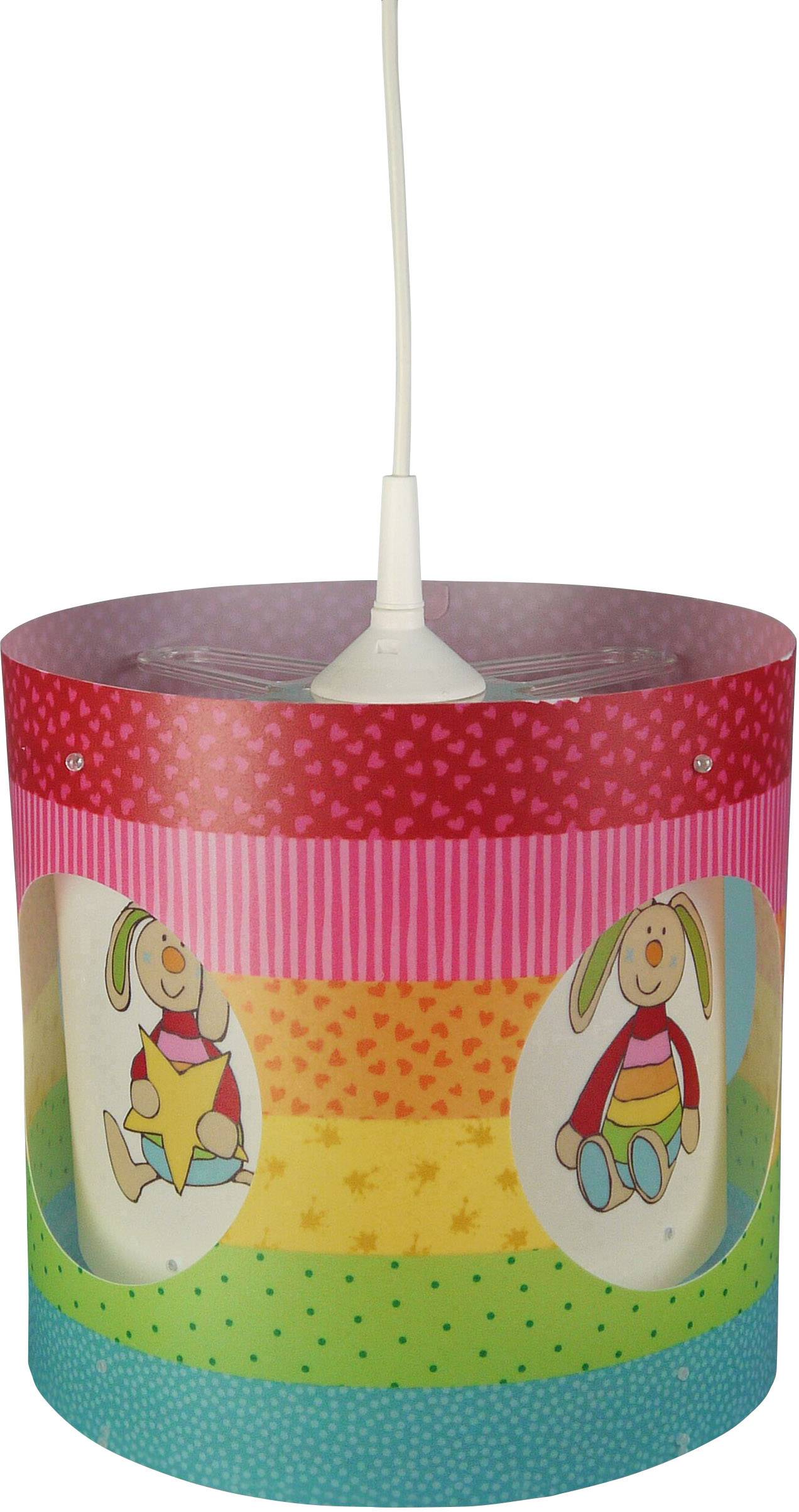 Bunte Deckenlampe für Kinder mit Hasenmotiven und mehrfarbigem Streifenmuster, geeignet für Kinderzimmer.