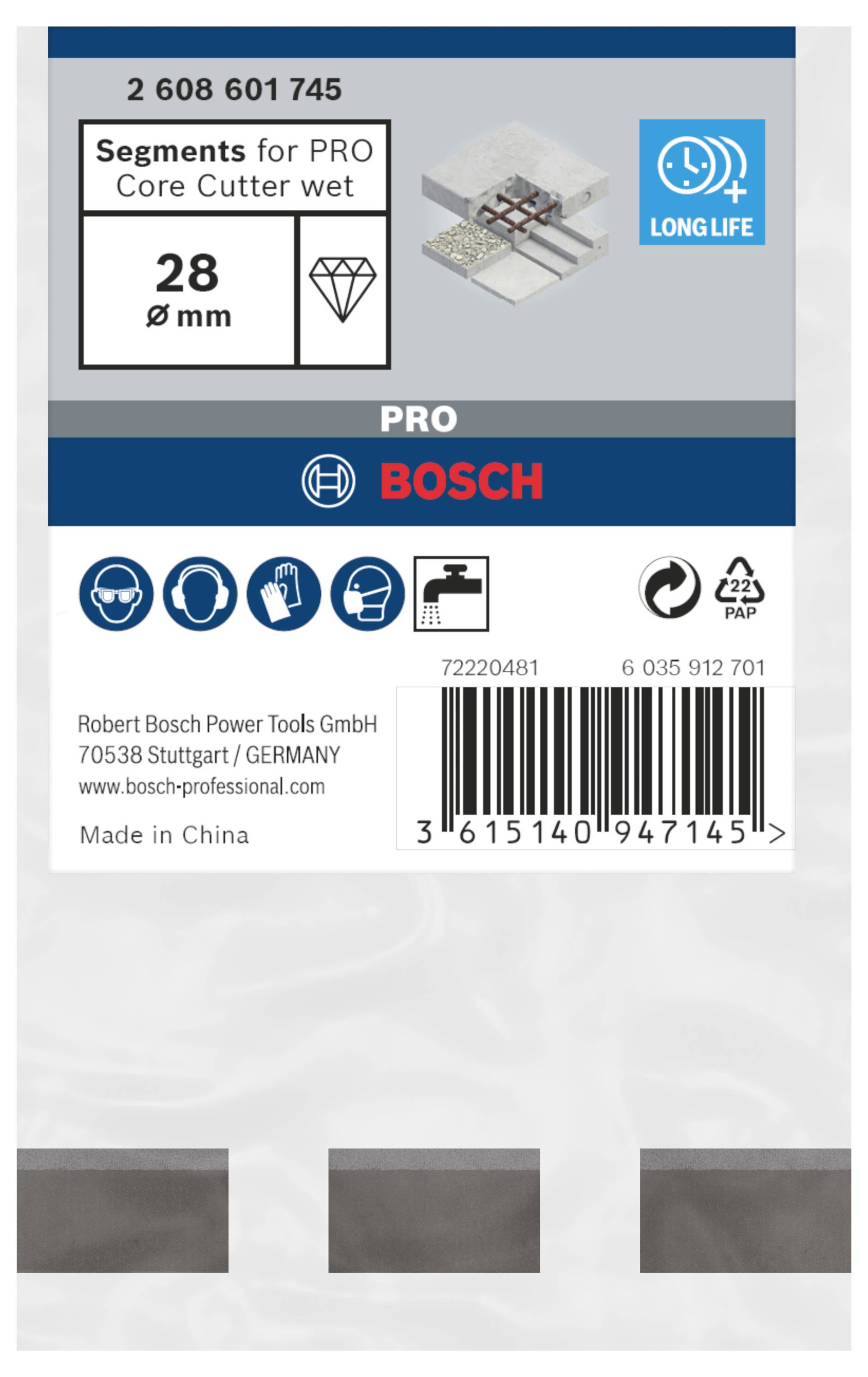 Etikett eines Bosch-Segments für PRO Core Cutter wet, Durchmesser 28 mm, enthält Symbole für lange Lebensdauer und Recycling.