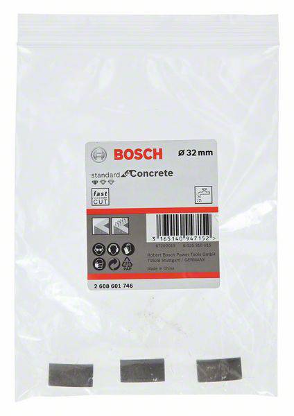 'Bosch Standard for Concrete', 32 mm, Verpackung mit Sicherheits- und Anwendungssymbolen, EAN-Code, hergestellt in China.