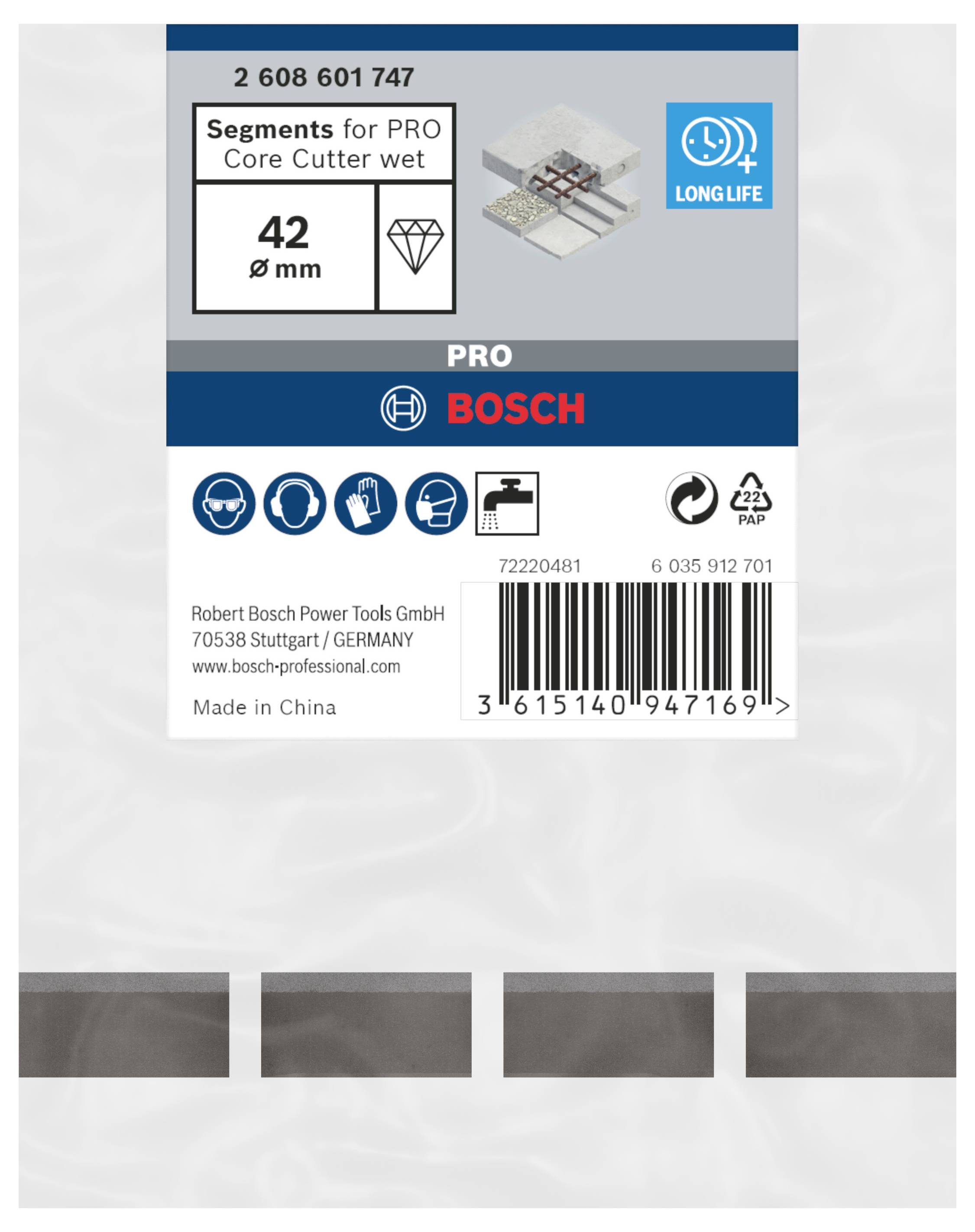 Verpackung eines Bosch PRO Kernbohrers mit '42 mm' Durchmesser für Nassschnitt. Enthält Barcode und 'Made in China' Hinweis.