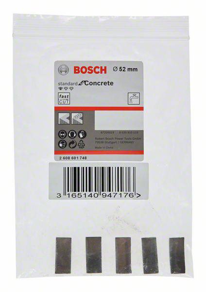 Verpackung für Bosch Sägeblätter, 52 mm, geeignet für Beton. Enthält fünf Sägeblätter. Produktinformationen und Barcode sichtbar.