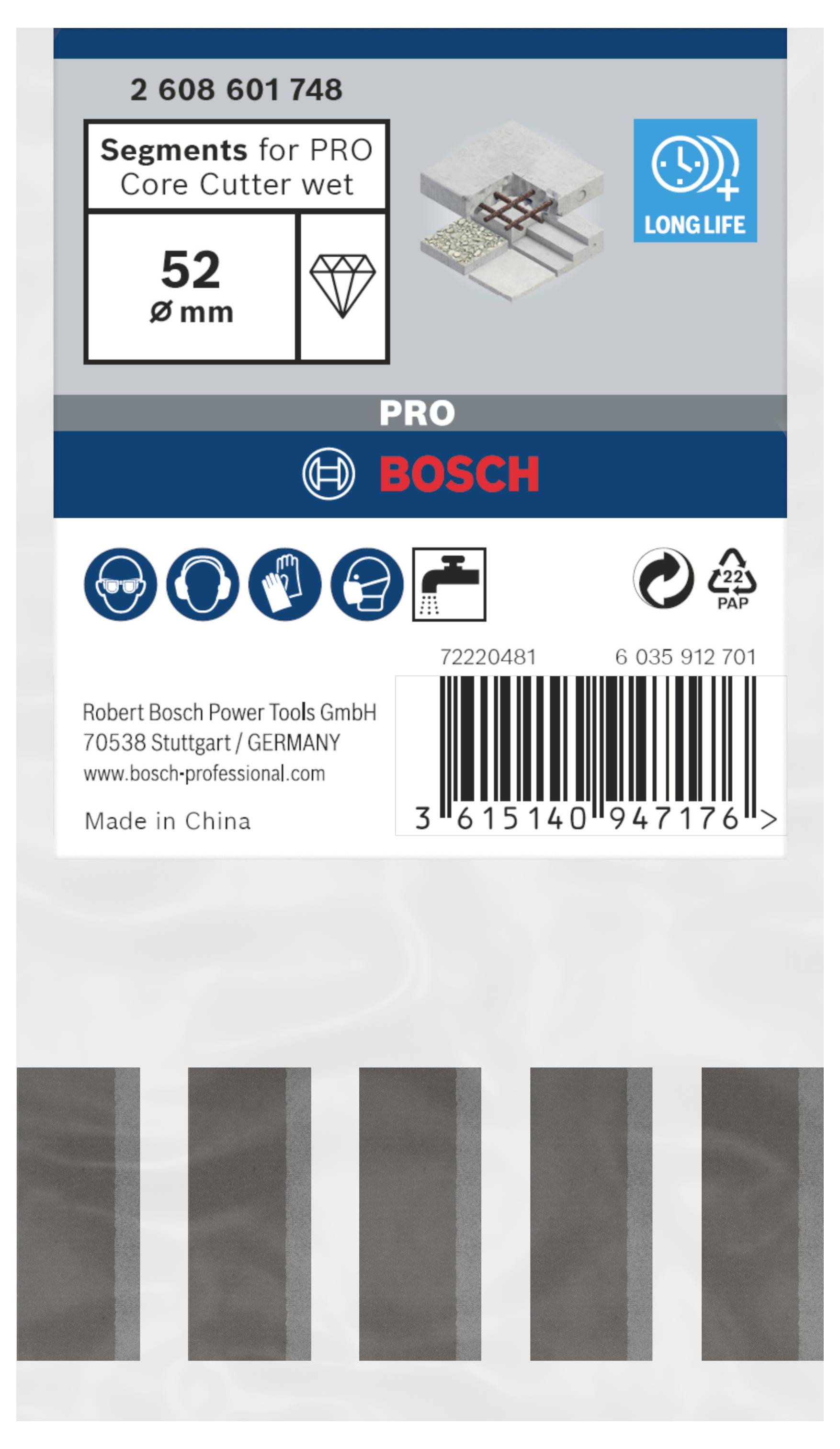 Tüte mit Bosch-Segmenten für PRO-Core-Bohrer, nass, 52 mm, Artikelnummer 2 608 601 748, Barcode und Herstellerdetails enthalten.