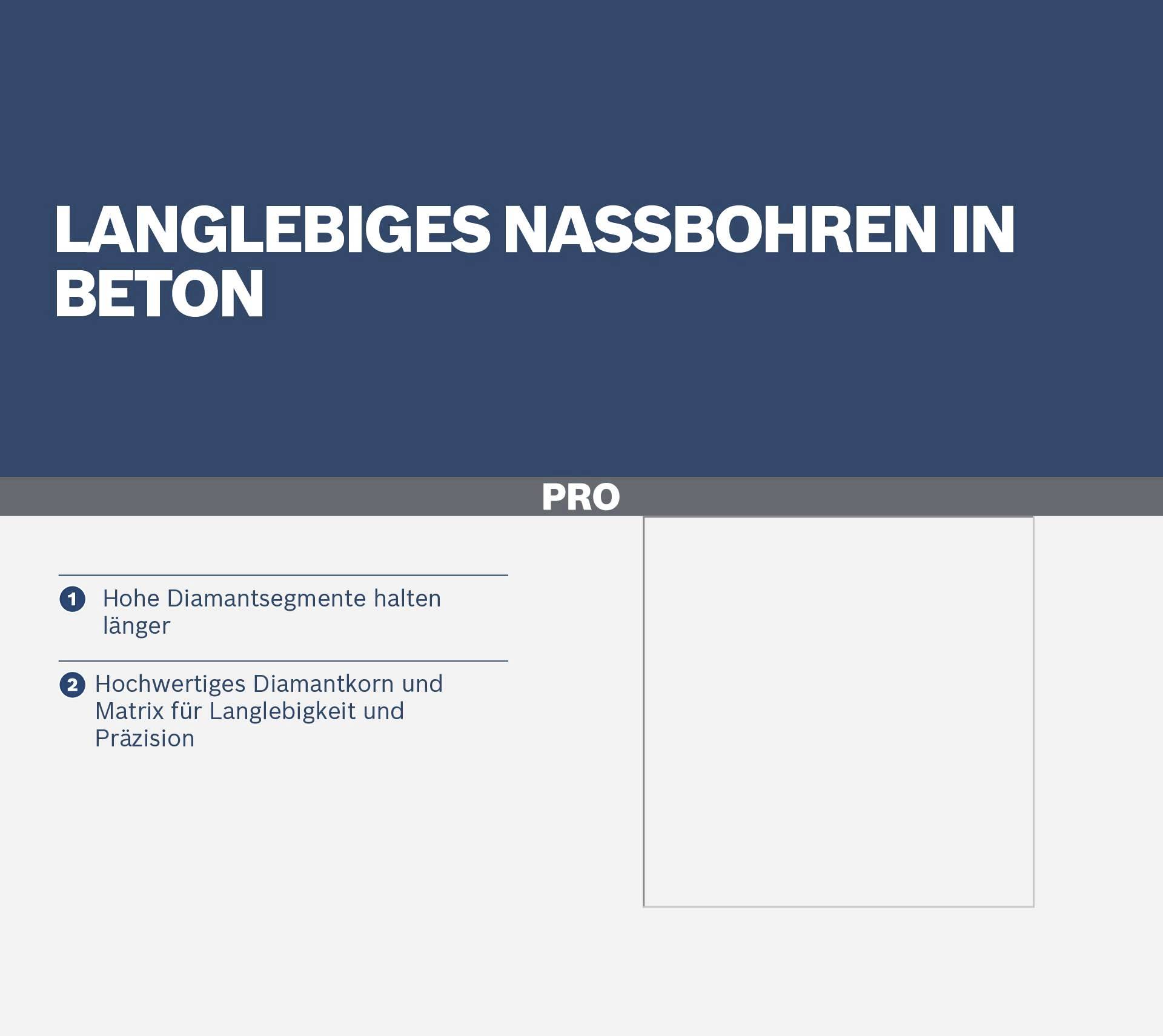 'Langlebiges Nassbohren in Beton': Vorteile sind längere Haltbarkeit der Diamantsegmente und hochwertige Diamantkorn für Präzision.