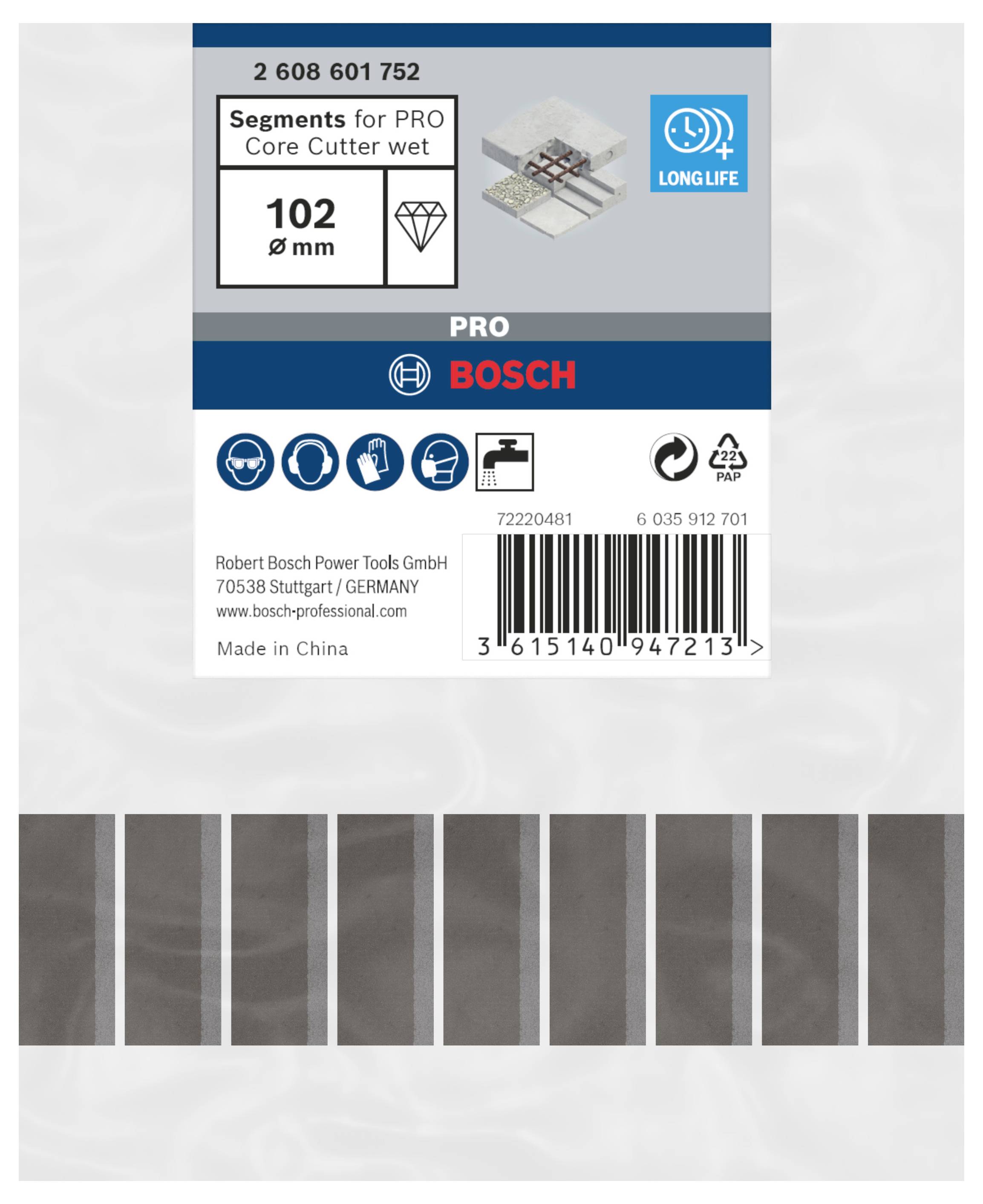 Verpackung von Bosch PRO Kernbohrer-Segmenten für Nassschnitt, Durchmesser 102 mm. Beinhaltet Langzeit-Langlebigkeitshinweis.
