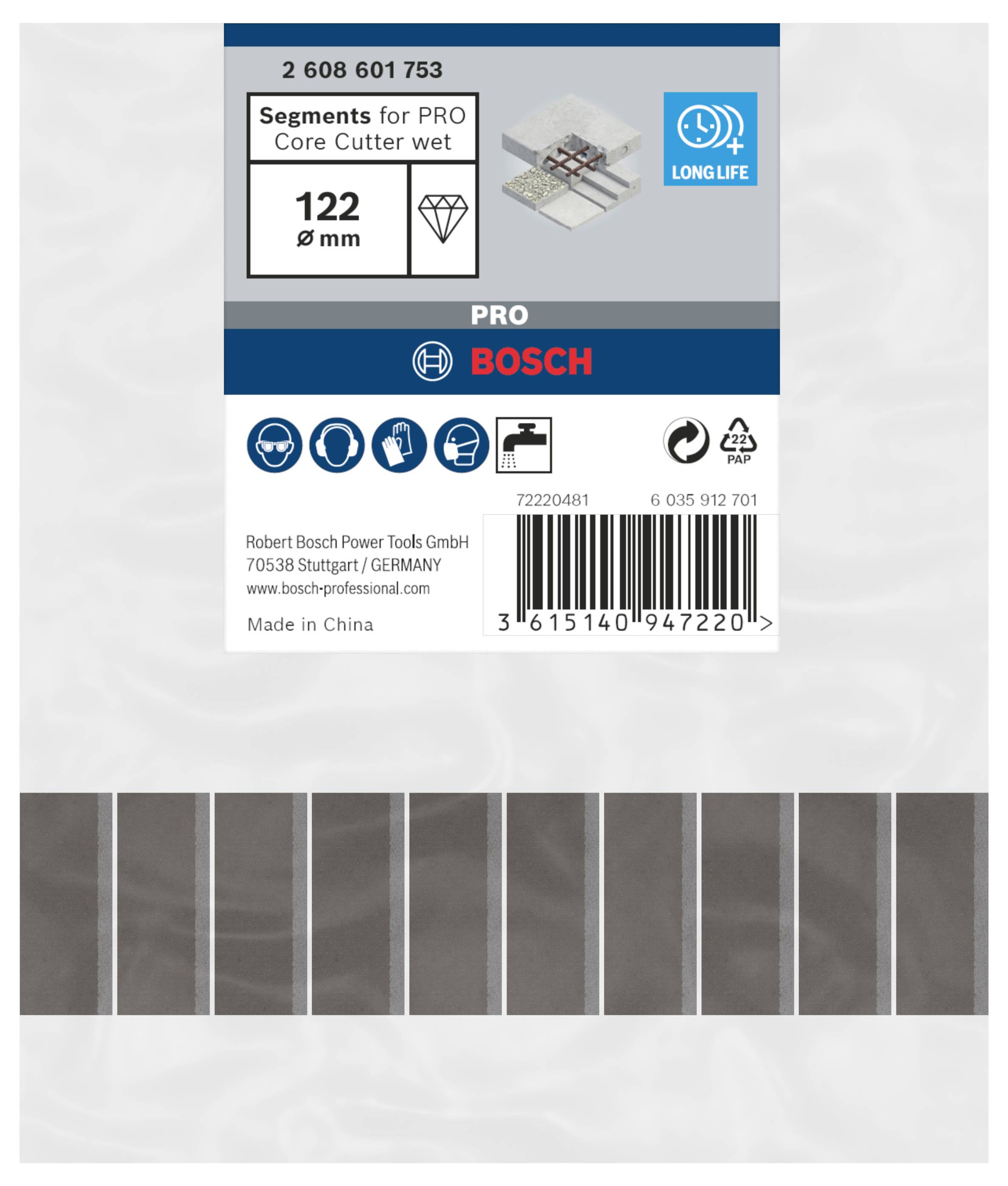 'Segments for PRO Core Cutter wet', 122 mm, geeignet für professionelle Nutzung. Enthält Markenlogo und Produktdetails.