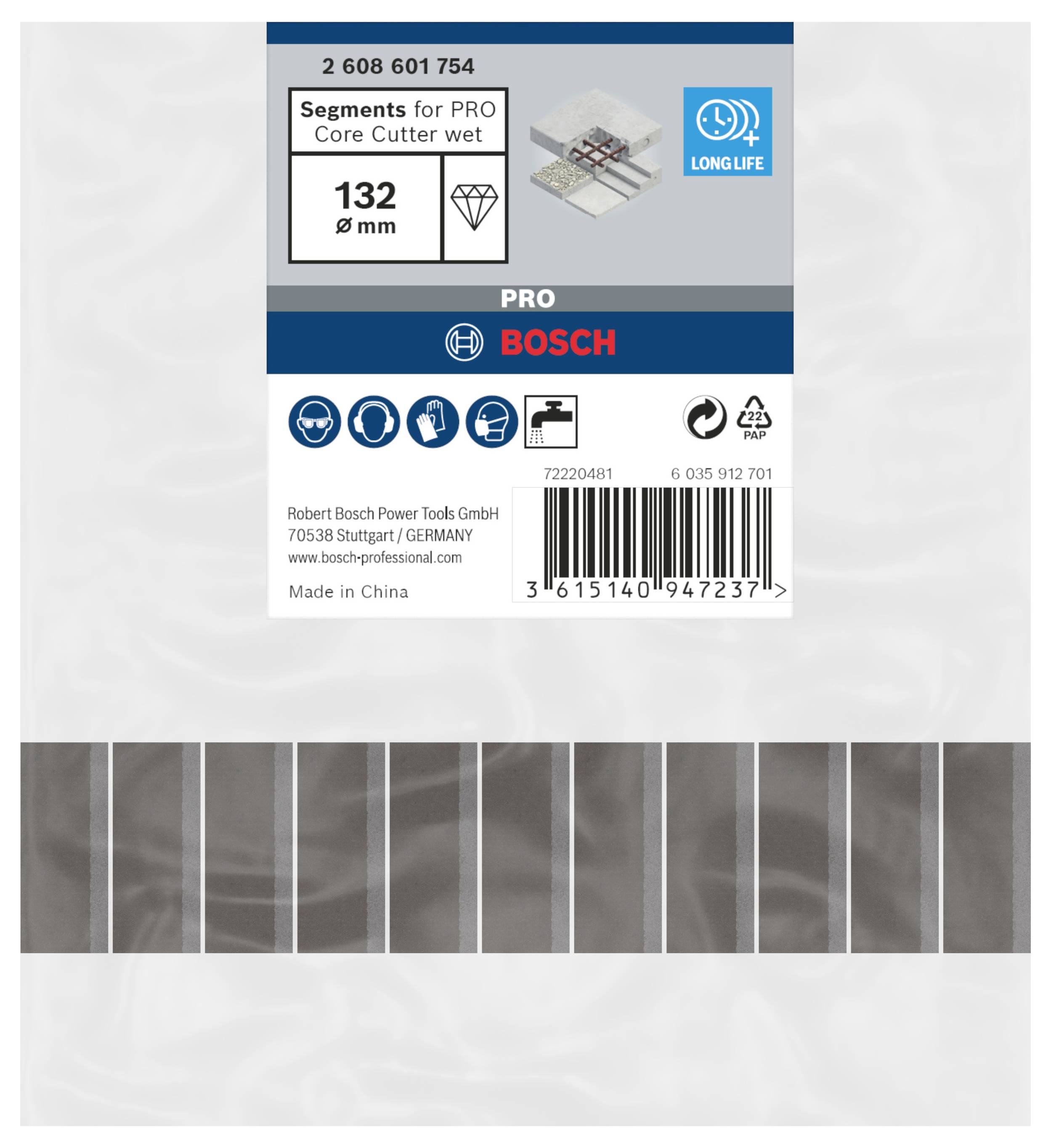 'Bosch PRO' Segments für Nasskernbohrer, 132 mm Durchmesser, Artikelnummer 2 608 601 754. Markierungen: 'Long Life'.