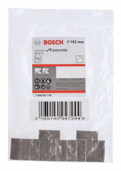 Verpackung mit Bosch-Aufkleber für ein Werkzeugzubehör, auf dem u.a. '152 mm', 'fast cut', 'standard for concrete' und ein Barcode stehen.