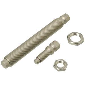 Ein großer und ein kleiner zylindrischer Bolzen aus Metall mit Gewinde neben passenden Muttern. Verwendet zur Befestigung von Bauteilen.