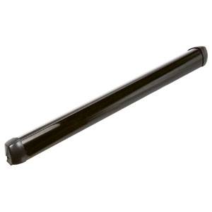 Schwarze, zylindrische Stange mit abgerundeten Enden; möglicherweise Teil eines Regals oder einer Vorrichtung.
