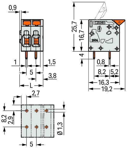 Technische Zeichnung eines Schalters mit Maßen: Höhe 25,7 mm, Breite 16,7 mm, Tiefe 16,9 mm. Schnitt- und Draufsicht.