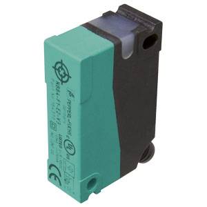 Rechteckiger Proximity-Sensor mit grünem Gehäuse und Markierungen, geeignet für industrielle Anwendungen.