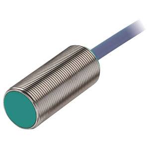 Zylinderförmiger Näherungssensor aus Metall mit grünem Kopf und Kabel. Hauptsächlich in industriellen Anwendungen eingesetzt.