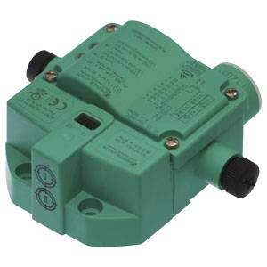 Rechteckiger Sensor in mintgrüner Farbe mit Anschlusskabel und technischen Informationen auf der Oberseite. Ideal für industrielle Anwendungen.