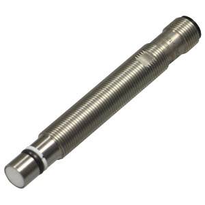 Ein zylindrischer Näherungssensor aus Metall mit einem kreisförmigen Kopf und einem Gewinde am Schaft.