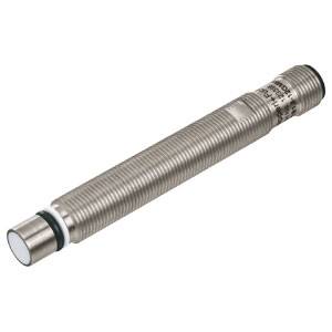 Ein zylindrischer Näherungssensor aus Metall mit glattem Gehäuse. Geeignet zur Erkennung von Objekten ohne physischen Kontakt.